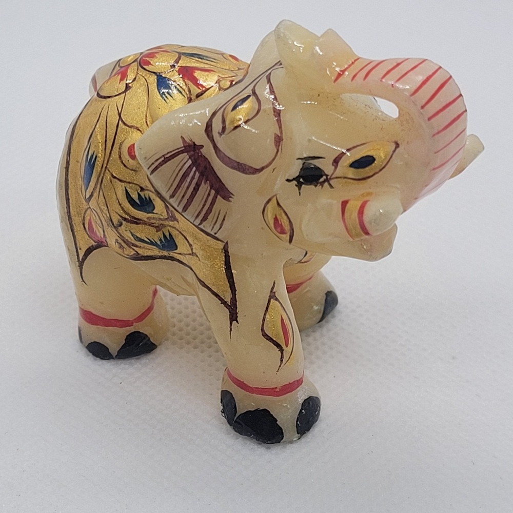 Hand Carved Stone Elephant Figurine Gold Painted Floral 92.92g 58.1mm